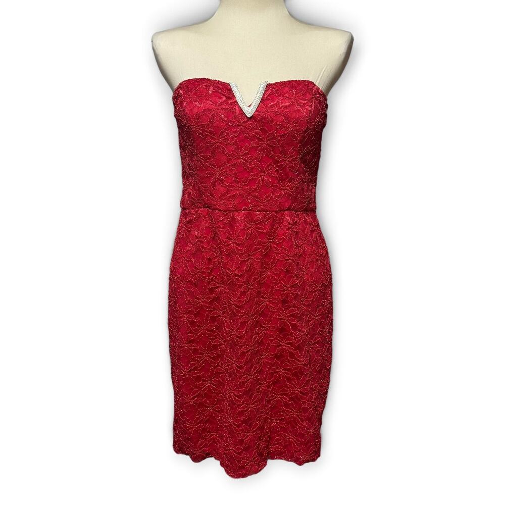Love Reign Strapless Cocktail Mini Dress Rhinestone Detail Glitter Red 15